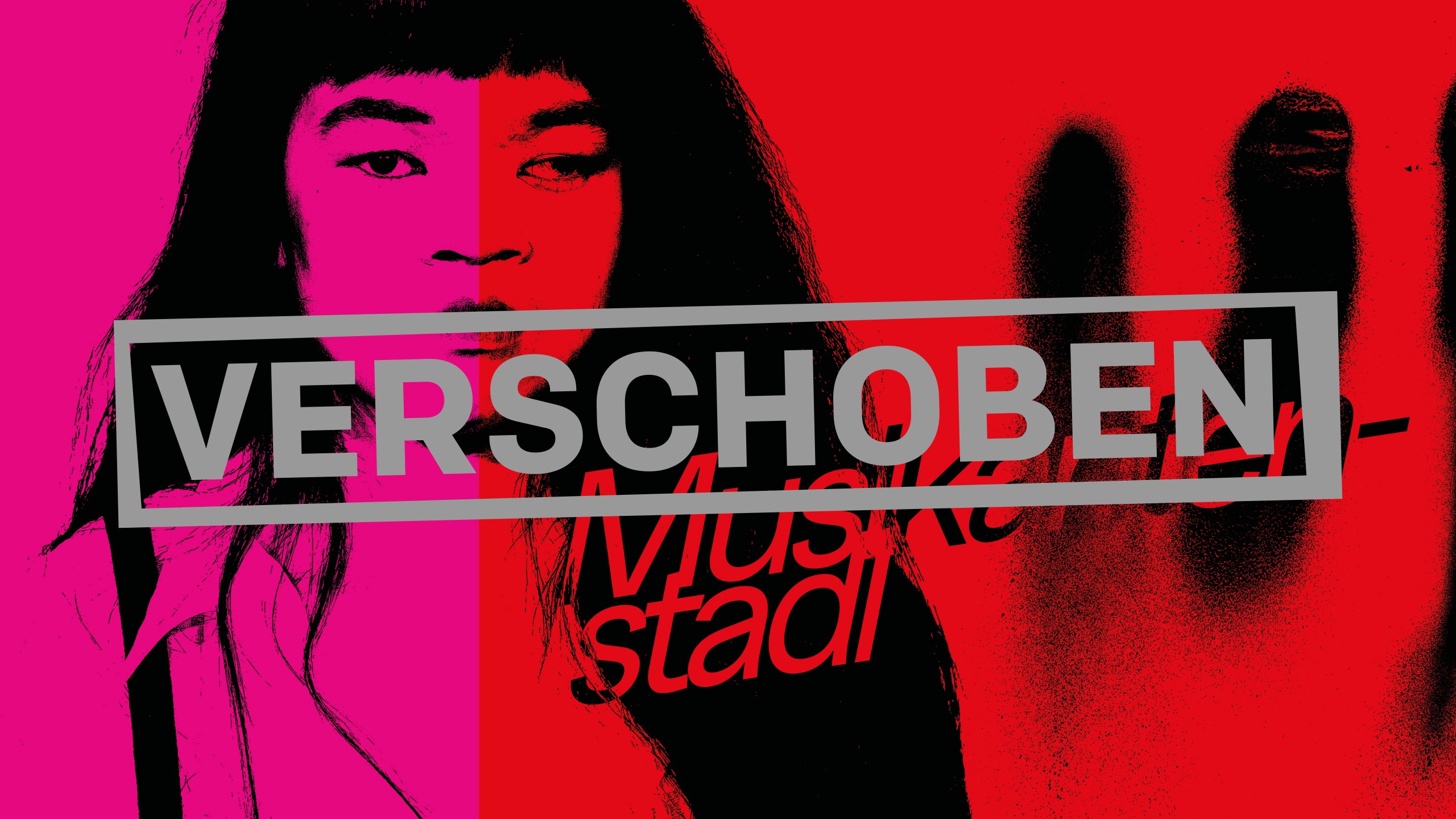 Grafisch bearbeitetes Bild einer Schauspielerin. Ihre Umrisse liegen als schwarzes Negativ auf buntem Hintergrund. Auf der Mitte ihres Gesichts wechselt die Farbe von pink zu rot. In der rechten Bildhälfte steht der Text "Musikantenstadl".